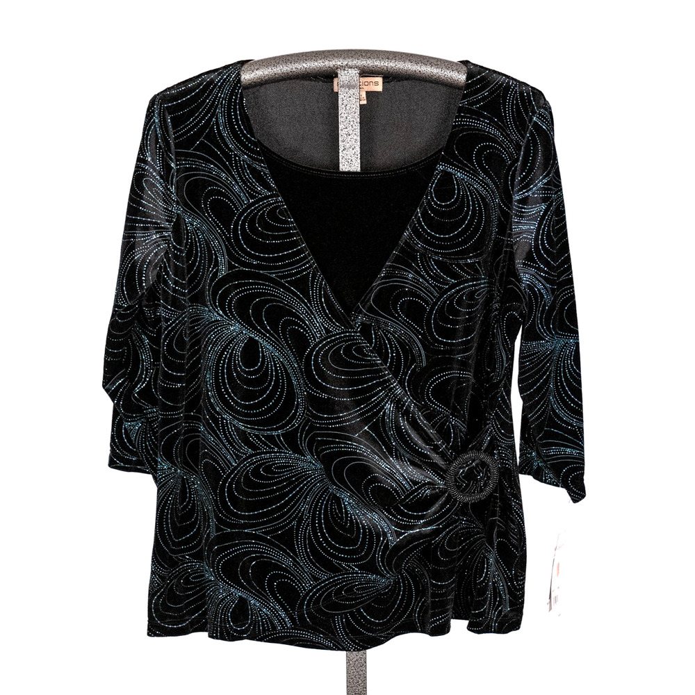 Notations Women's Velvety Velour 2-Fer Twinset Top Size 2X Sparkly Teal Glitter